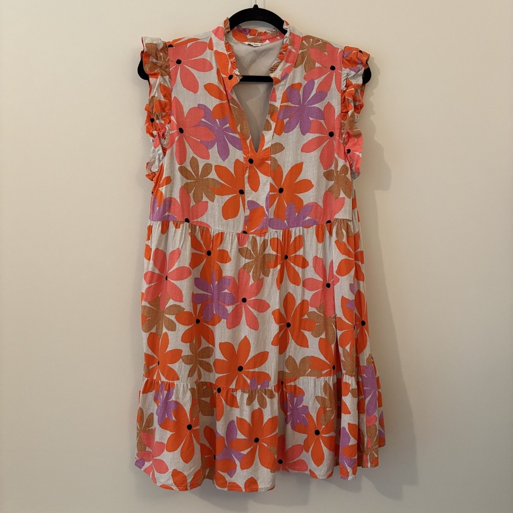 THML Tiered Orange Floral Mini Dress M Flutter Sleeve Boho Artsy Teacher Pockets